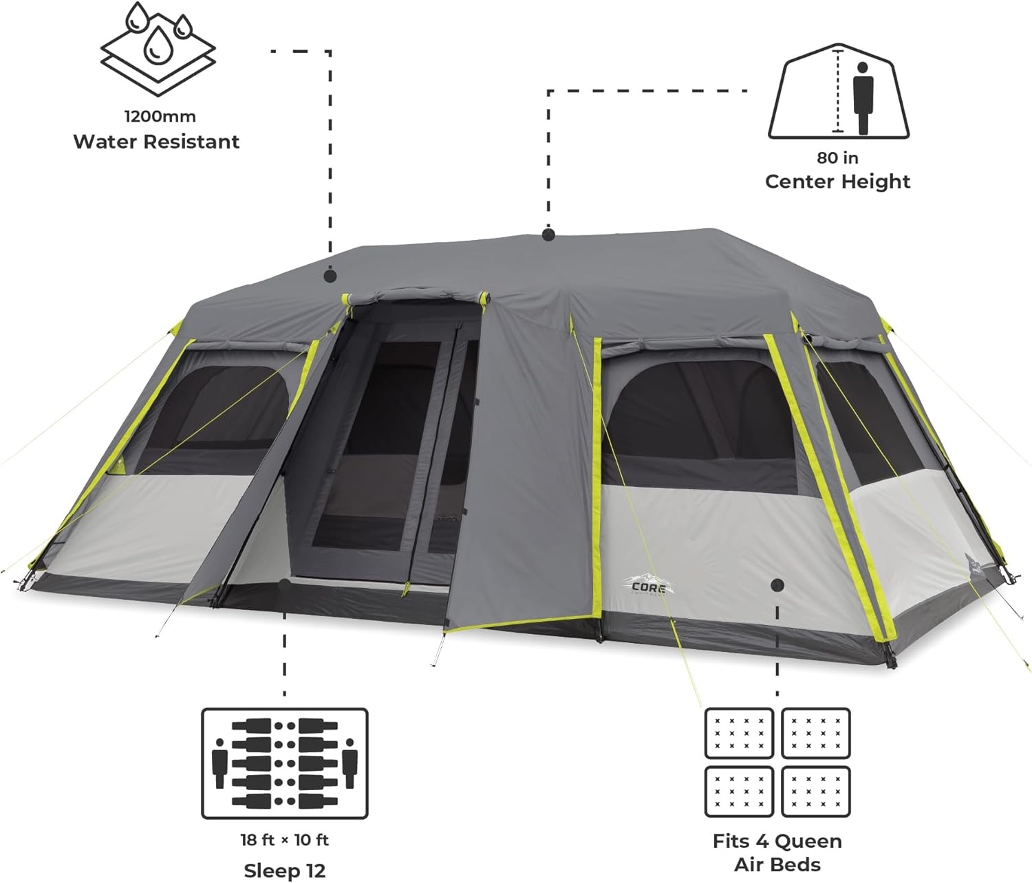 image:imageCORE Instant Cabin Tents Family Cabin Multi Room Pop Up Tents Car Camping Included Storage Pockets for Camping Accessories12 Person With Full Rainfly